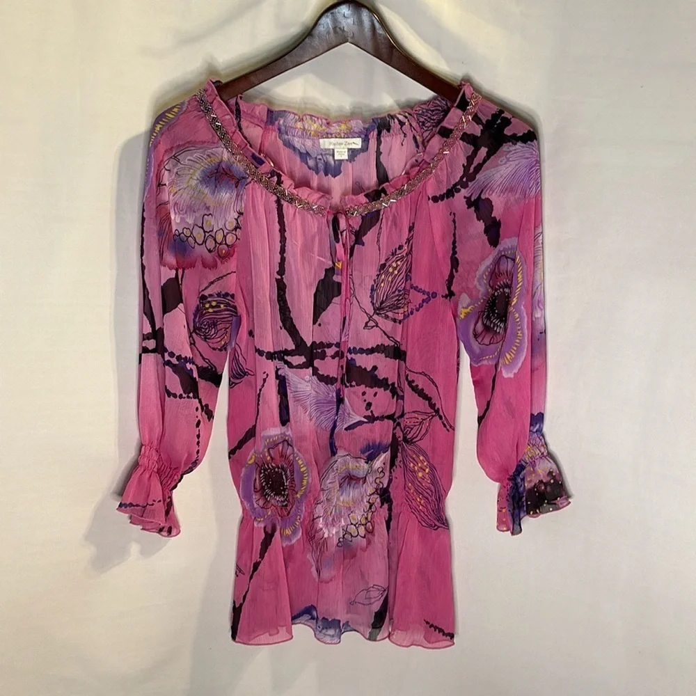 Harlow Zee Boho Beaded Pink Floral Top Blouse Small